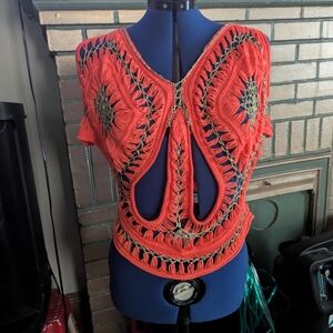 Leana Paris Crochet Fringe Vest Top Coral Orange Gold Boho Festival Open Back S